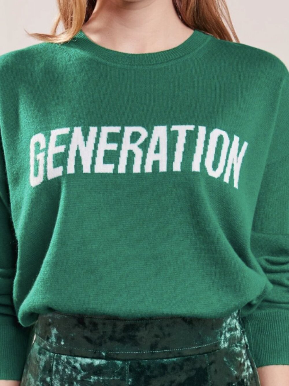 Sandro Paris Graphic Print Crew Neck Wool Cashmere Dark Green Sweater Size 2 (M)